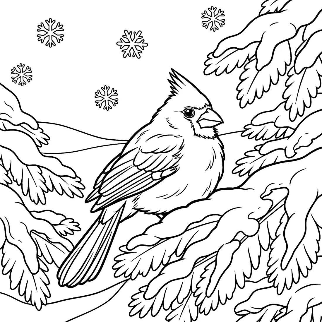 Detailed winter bird coloring scene for ages 4 to 8